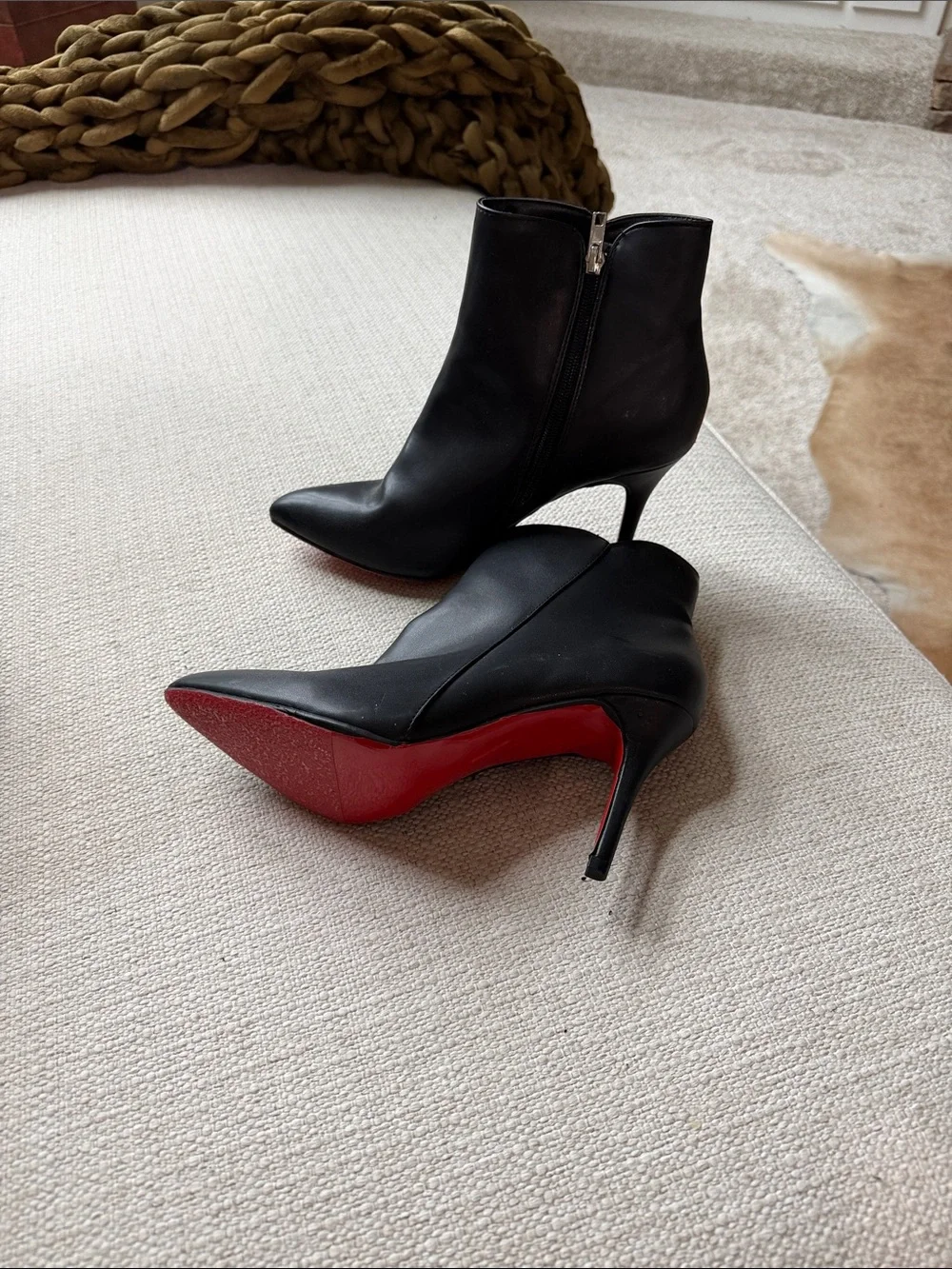 Pointed Black Leather Ankle Booties with Side Zip